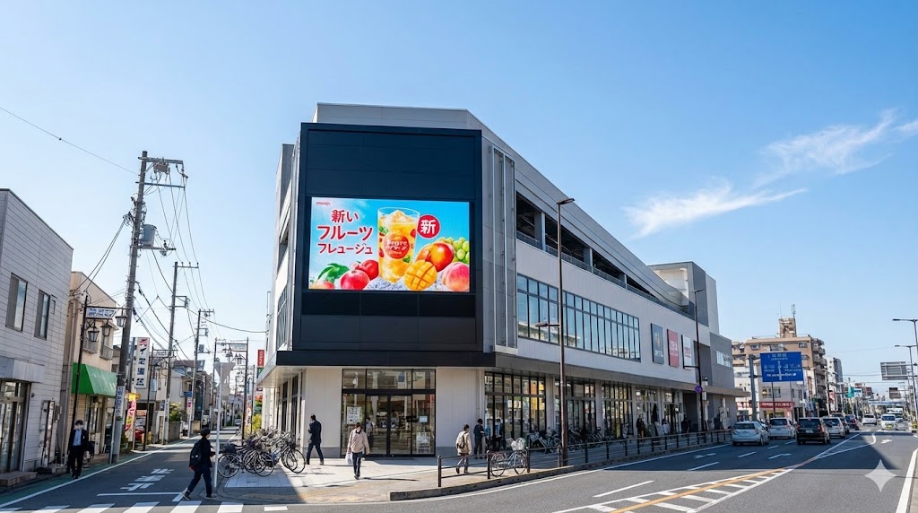 屋外LEDビジョンをクラウドCMSで遠隔配信・運用するイメージ