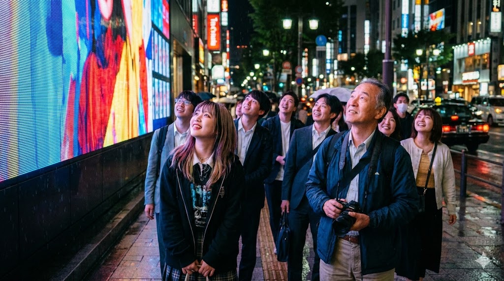 LEDビジョンを見上げる人々